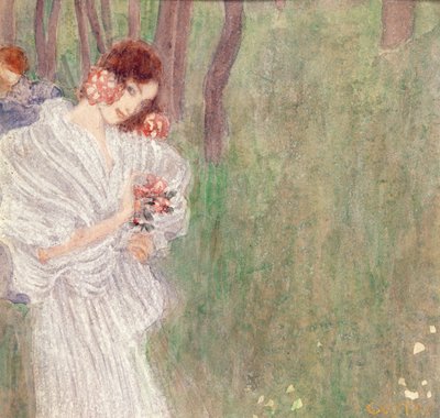Girl in a White Dress Standing in a Forest by Gustav Klimt